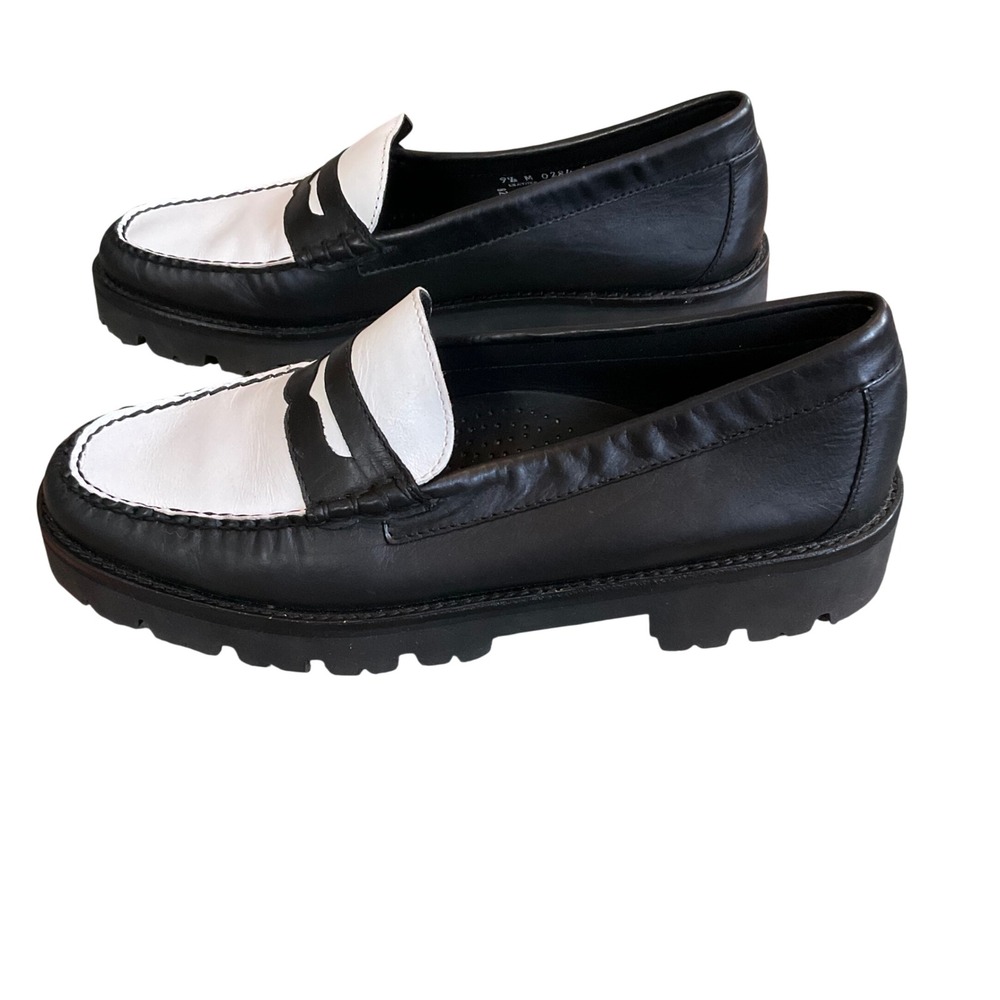 G.H. Bass Weejuns Penny Loafers Womens 9.5 Black White Leather Lug Sole 0284